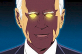 a laser-eyed cartoon joe biden saying “i’ll save you from the pandemic” with bottom text “almost one million dead on his watch”