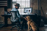 man wearing hat and his dog in front of a computer