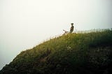 a person on a bike at the top of a hill, looking out into the fog