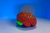 A model brain glowing red against a blue background.