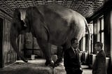 Two men talking to each other in a room with an elephant standing in the middle of the room on a stool. Photograph courtesy — internet. Let me know if you own the copyright of this image.