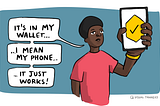 Person showing phone screen containing a hexagonal badge. The speech bubble reads “It’s in my wallet.. I mean my phone… It just works!”