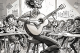 Teacher with a guitar in front of his class of students. Image created by author on Midjourney.