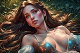 A gorgeous woman with long brown hair lying on the grass in a seductive manner.