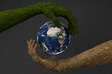A mossy, green arm and a earthy, brown arm hold an Earth suspended against a solid grey background.