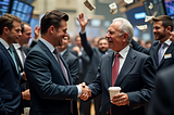 Two men shaking hands at a public stock exchange