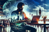 Create an image of a modern digital nomad in a vibrant city, using their laptop in a cozy café with global landmarks like the Eiffel Tower, Statue of Liberty, and Great Wall of China faintly in the background, symbolizing worldwide travel. Include a subtle overlay of a safety net or shield around them to represent SafetyWing