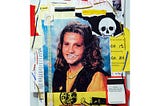 A collage of scrap paper and magazine clippings, including a girl’s portrait, a skull, and homework