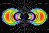An illustration of Earth surrounded by radiation belts. The radiation belts are colored, with red in the center of each belt, fading to blue on the outer edges of the belts.