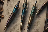 Four ornate pens with metal decorations lying on a page of handwriting