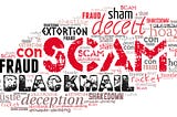 Mural of the word Scam and similar words like deceit and deception