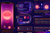 An abstract graphic Art representation of a piece of UI, including a phone screen and a large display containing complex, unrealistic interfaces. The whole thing is tinted with neon colors on a dark background.