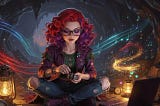 Illustration of a woman with curly red-to-purple hair sitting cross-legged in a dim cave. She works with a small mechanical object while glowing neon trails swirl behind her like sparks or stalled train lights, suggesting energy in motion that suddenly stops.