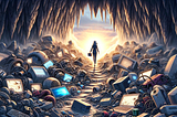 product manager walking out of a cave riddled with obsolete solutions towards the light