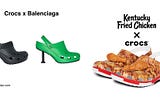 Image of the Crocs and Balenciaga collab as well as the KFC and Crocs collab.