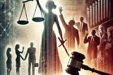 A symbolic digital artwork representing the evolution of sexual harassment laws in the workplace. The image features a central figure of Lady Justice holding a balanced scale and a sword, illuminated by a bright light. On one side, shadowy figures of policymakers and judges raise their hands, symbolizing judicial intervention. On the other side, silhouettes of women and men interact, depicting workplace scenarios. A large gavel in the foreground represents legal enforcement. Rest in Alt Text.