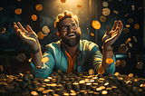 How far do you think can the Bitcoin price go after the BTC ETF approval? Happy man with beard and glasses with arms raising, gold coins everywhere. AI Image generated by henrique centieiro and bee lee on MidJourney