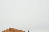 Runner in the distance nearing top of a red stone hill.