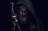 The front face of an old monk, holding a wooden stick in his right hand and wearing a black hood which is covering some parts of his face