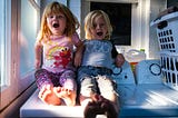 image of two young children sitting on a washing machine, making silly faces