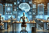 A humanoid robot sits at a desk in a futuristic AGI research lab, surrounded by screens showing complex algorithms and neural networks, symbolizing the pursuit of human-level cognitive abilities in machines.