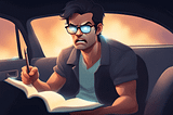 Illustration of an angry man sitting in a car and writing in a journal