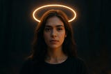 A woman with a calm, serious expression stands against a dark background, illuminated by a glowing halo of light above her head. The image symbolizes moral projection, idealization, or perceived purity — often contrasted with hidden complexity beneath the surface.