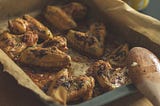 Home grown pea shoots (stir fry) and air fryer chicken wings