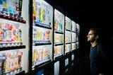 A person staring at vending machines