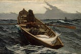 Painting of a fisherman holding oars in a boat laden with fish, looking out into an ominous sky.