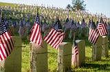 Many rows of American Flags strapped to War Veterans' tombstones.