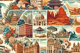 A montage illustration featuring iconic symbols from top senior-friendly destinations: rolling hills of Tuscany, Italy; tranquil temples in Kyoto, Japan; vibrant architecture in Barcelona, Spain; red rocks of Sedona, Arizona; stunning beaches of Algarve, Portugal; picturesque landscapes in Cape Town, South Africa; classical music heritage of Vienna, Austria; charming old town in Quebec City, Canada; breathtaking nature in New Zealand; and serene beaches of Bali, Indonesia, arranged in a harmonio