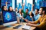 A group of people eagerly watching a computer screen as cryptocurrency prices fluctuate, with a sense of excitement and urgency in the air