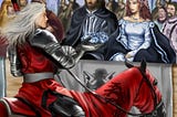 Rhaegar in red jousting armor on his horse, hands a wreath of blue flowers to Lyanna Stark who sits beside her father