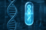DNA transforming into a custom medicine capsule in a futuristic lab”