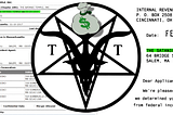 Logo for The Satanic Temple with a bag that has a dollar sign replacing the “s” in “TST”. On either side are government documents about it