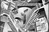 A print of Relativity, by the artist M. C. Escher. It features swirling staircase in all directions. The staircases intertwine and lead to different doorways, but it is difficult to discern where each staircase begins, where it ends, and how they are linked.