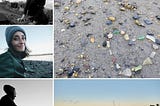 A collage of a woman at the shore and a heart in the sand made of sea glass.