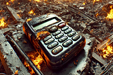 An AI-generated image shows a destroyed pager among debris and flames.