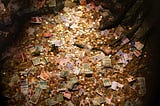 A large pile of coins and banknotes from different currencies scattered inside a container, lit from above.