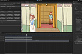 A screenshot displaying the Unity editor, with the Timeline window at the bottom, plus a ‘Scene Timeline Helper’ window on the left, which allows the user to skip forwards or backwards in the scene, and has many buttons to quickly add clips to the Timeline. On the right is a Property Inspector which is inspecting the currently selected clip, a “Character Direction” clip, which is set up to move the character Ruth to the Nurse’s Station. In the Game view in the middle, Ruth is mid-movement.