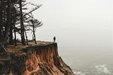 A person stands at the edge of a forest near a cliff’s edge overlooking a fog covered sea.