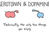 A humourous picture showing two hormones, Serontonin and Dopamine saying : Technically the only two things you enjoy.