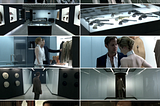 A series of screenshots from a scene in Westworld, showing William at a futuristic train station, then in front of a large screen showing footage of a field, then in a room containing shelves and draws of old-timey clothing and pistols, accompanied by a host. William is then dressed in the old-timey clothes and enters a train carriage.