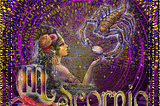 Scorpio image of a women holding up her hand to a scorpion. Animated background of purple and gold.