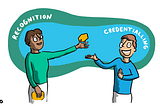 A person giving another person a hexagonal badge. Surrounding this is a amorphous shape labelled ‘credentialling’. Surround that is another shape entitled ‘recognition’.