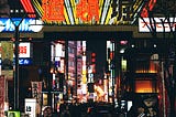 Neon lights up Japanese entertainment district at night