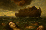 God looking down cruelly on Noah’s Ark and people drowning