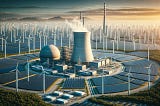 ChatGPT & DALL-E generated panoramic image that depicts a nuclear power plant, significantly smaller in scale, surrounded by an expansive array of towering wind turbines and extensive solar panels.