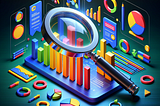 A sleek magnifying glass hovers over a vibrant, multicolored dashboard filled with abstract performance metric symbols, representing the close examination of SEO data.